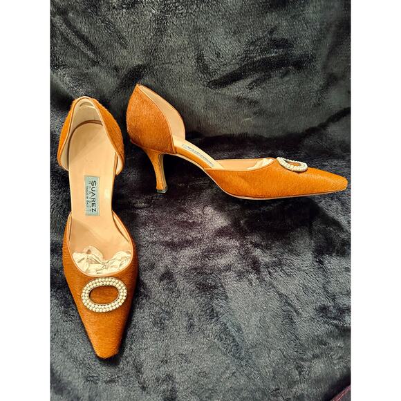 SUAREZ NY CINNAMON CALFHAIR D'ORSAY PUMPS W/ PEARL ORNAMENT MADE IN ITALY 7 - Picture 1 of 7